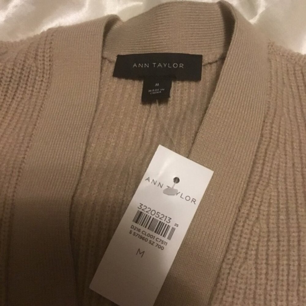 Ann Taylor Long Sleeve Ribbed Long Khaki Sweater Dress Button Down V Neck M - Picture 3 of 11
